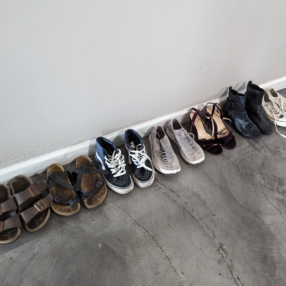 Women's shoe lot: wedges, sneakers, sandals, and boots